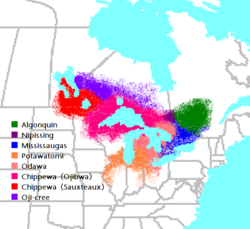 Anishinaabe and Anishinini distribution around 1800